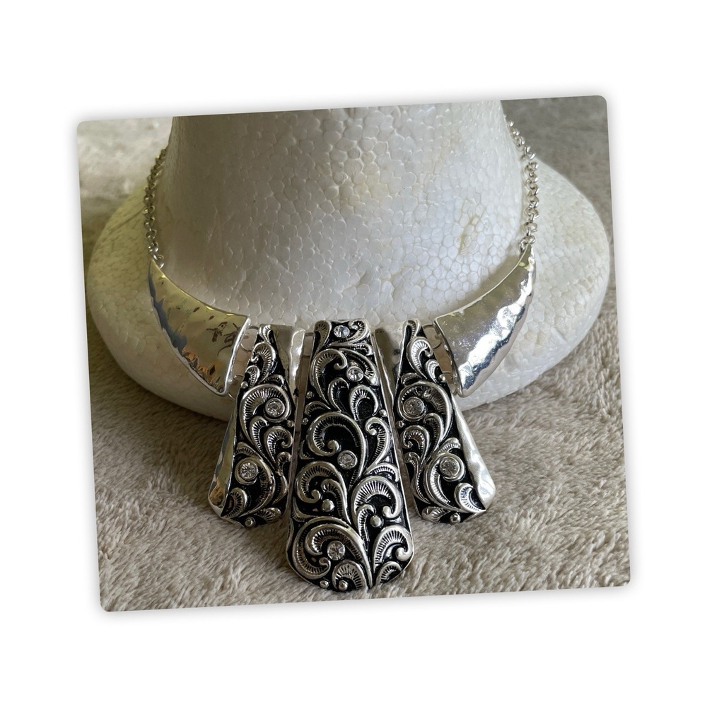 Silver Tone Statement Necklace Filigree Scroll Rhinestone Bib Collar Chain
